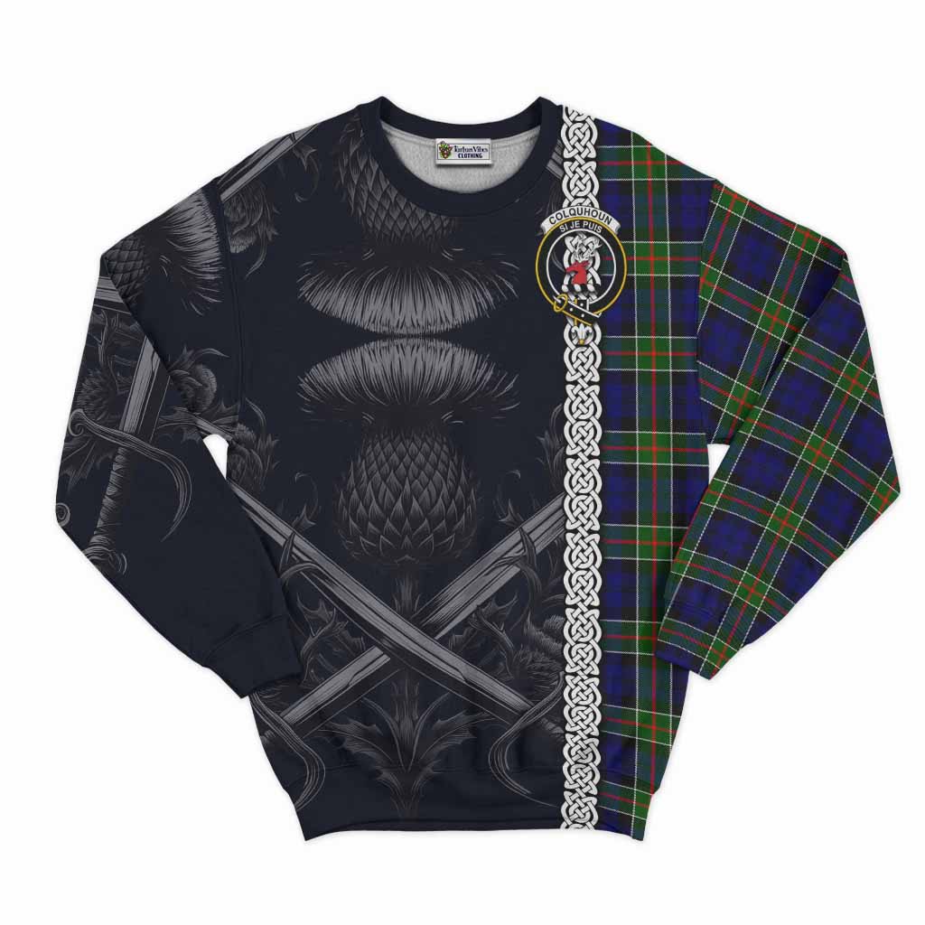 Tartan Vibes Clothing Colquhoun Tartan Sweatshirt with Family Crest Cross Sword Thistle Celtic Vibes