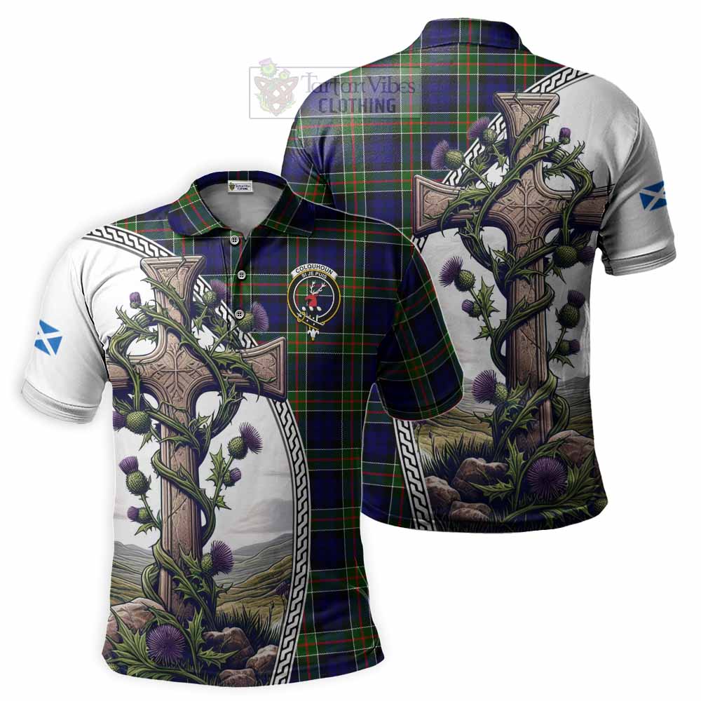 Tartan Vibes Clothing Colquhoun Tartan Polo Shirt with Family Crest and St. Andrew's Cross Accented by Thistle Vines