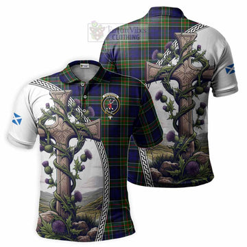 Colquhoun Tartan Polo Shirt with Family Crest and St. Andrew's Cross Accented by Thistle Vines