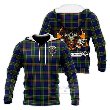 Colquhoun Tartan Knitted Hoodie with Family Crest and Bearded Skull Holding Bottles of Whiskey