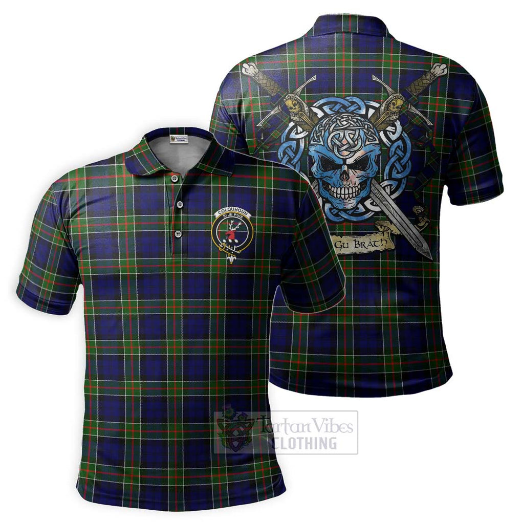 Tartan Vibes Clothing Colquhoun Tartan Polo Shirt with Family Crest Celtic Skull Style