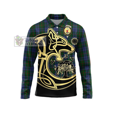 Colquhoun Tartan Long Sleeve Polo Shirt with Family Crest Celtic Wolf Style