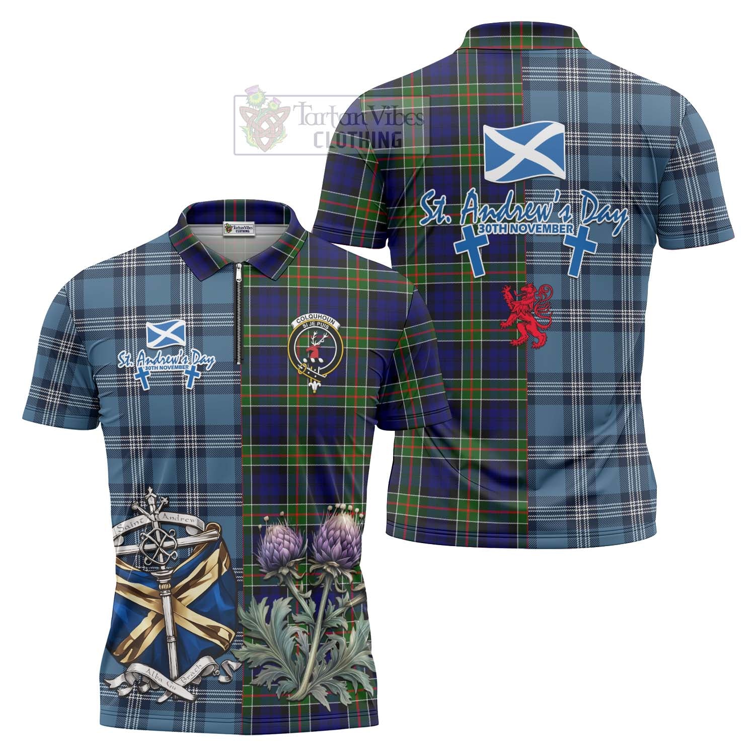 Tartan Vibes Clothing Colquhoun Tartan Zipper Polo Shirt Happy St. Andrew's Day Half Tartan Style