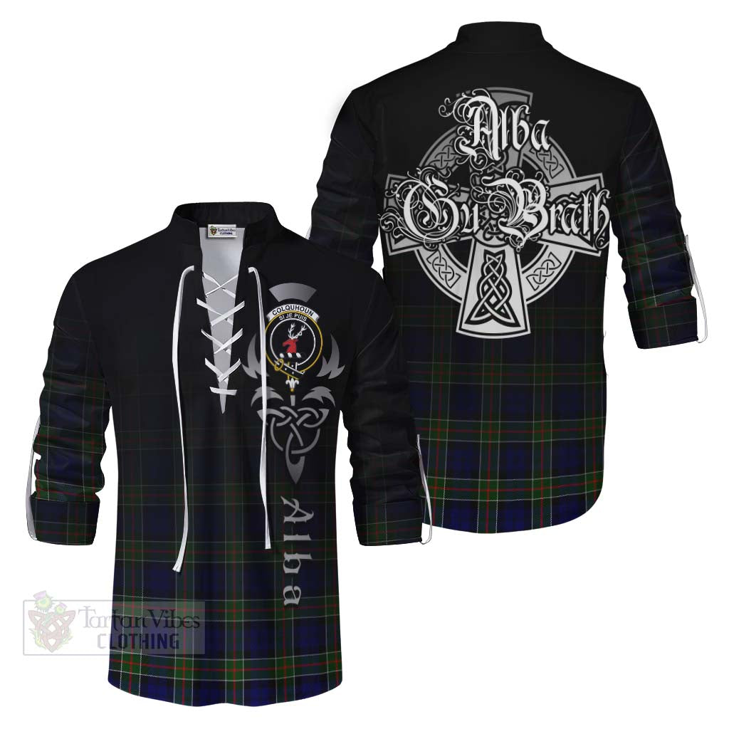 Tartan Vibes Clothing Colquhoun Tartan Ghillie Kilt Shirt Featuring Alba Gu Brath Family Crest Celtic Inspired