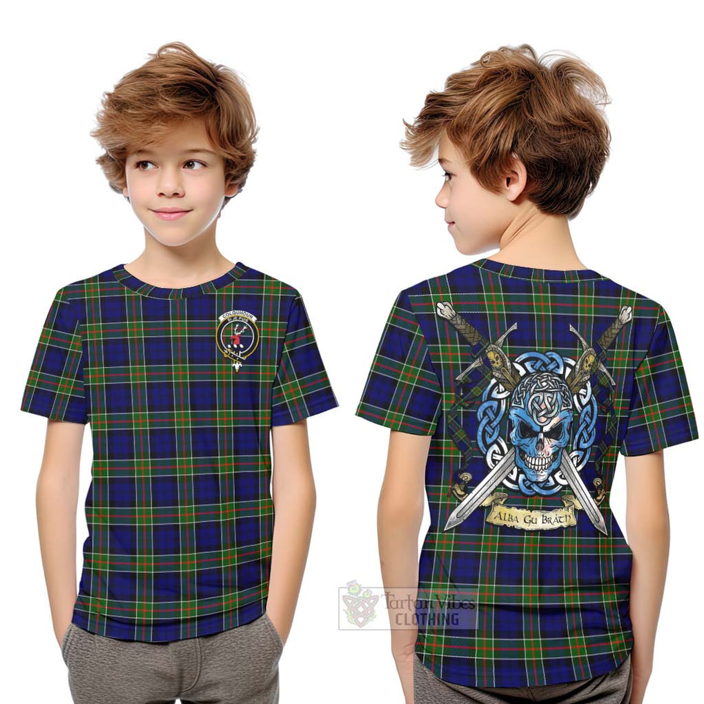 Tartan Vibes Clothing Colquhoun Tartan Kid T-Shirt with Family Crest Celtic Skull Style