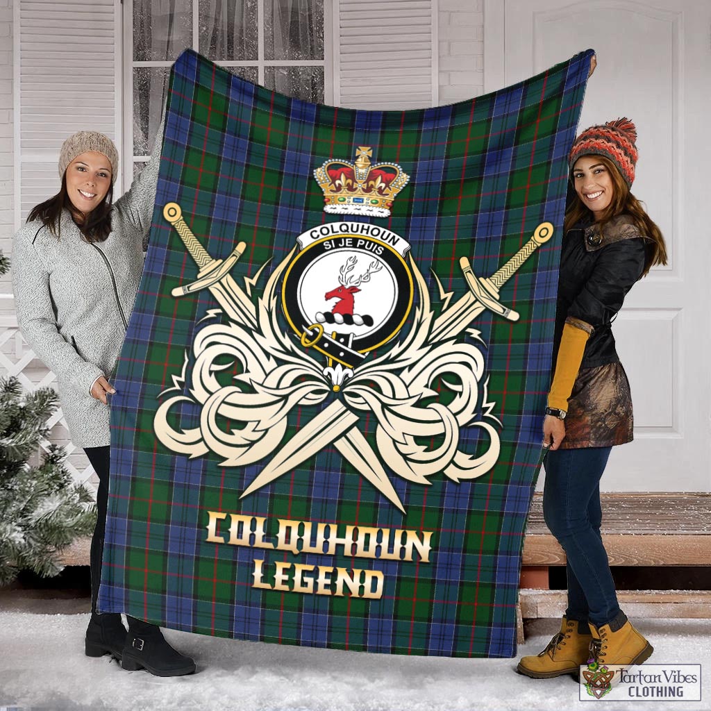 Tartan Vibes Clothing Colquhoun Tartan Blanket with Clan Crest and the Golden Sword of Courageous Legacy