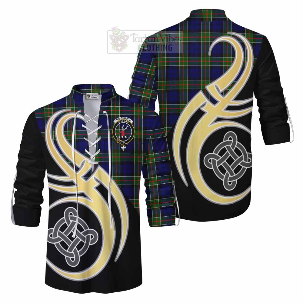 Tartan Vibes Clothing Colquhoun Tartan Ghillie Kilt Shirt with Family Crest and Celtic Symbol Style