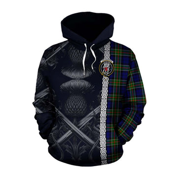 Colquhoun Tartan Cotton Hoodie with Family Crest Cross Sword Thistle Celtic Vibes