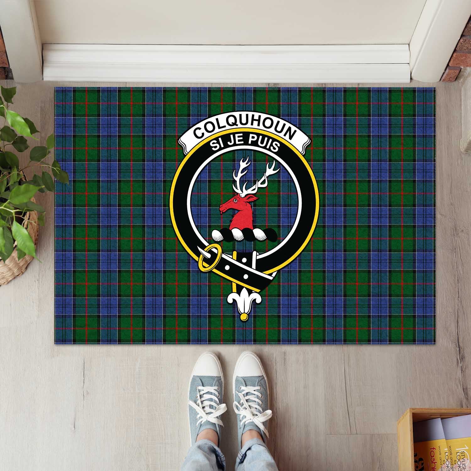 Colquhoun Tartan Door Mat with Family Crest - Tartanvibesclothing