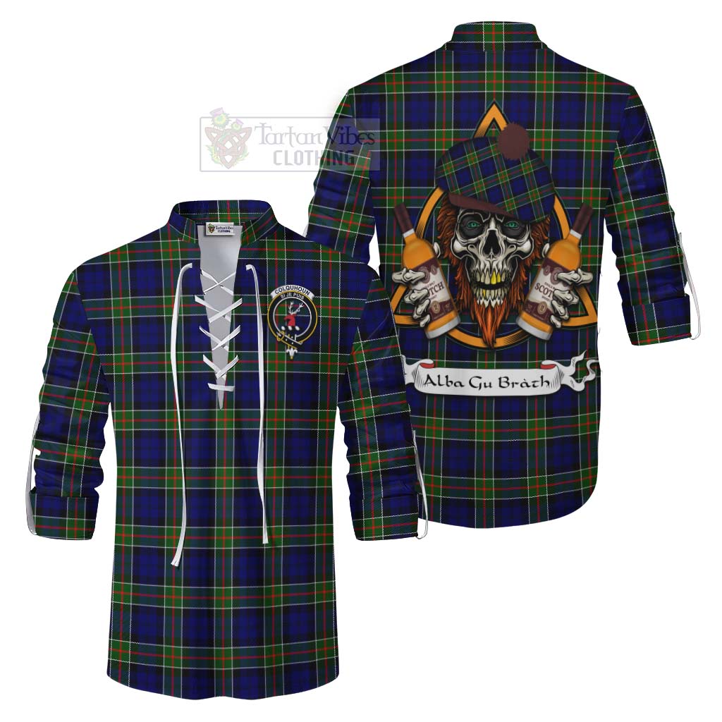 Tartan Vibes Clothing Colquhoun Tartan Ghillie Kilt Shirt with Family Crest and Bearded Skull Holding Bottles of Whiskey