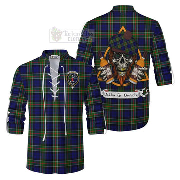 Colquhoun Tartan Ghillie Kilt Shirt with Family Crest and Bearded Skull Holding Bottles of Whiskey