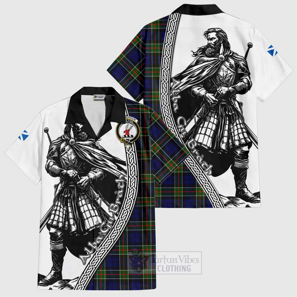 Tartan Vibes Clothing Colquhoun Tartan Clan Crest Short Sleeve Button Shirt with Highlander Warrior Celtic Style