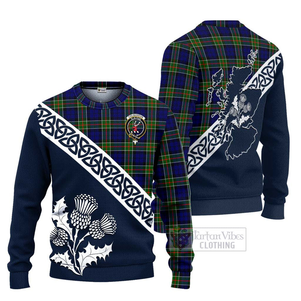 Tartan Vibes Clothing Colquhoun Tartan Knitted Sweater Featuring Thistle and Scotland Map