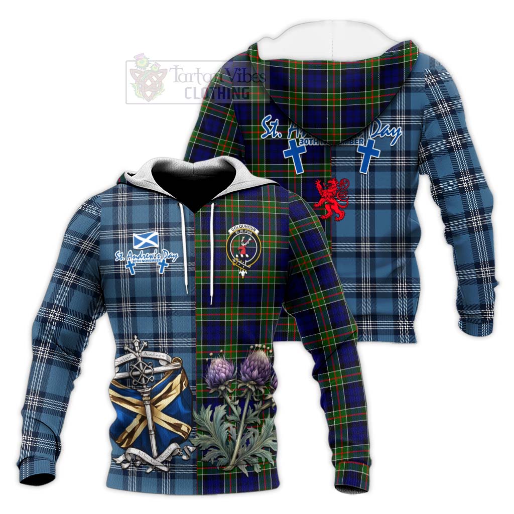 Tartan Vibes Clothing Colquhoun Tartan Knitted Hoodie Happy St. Andrew's Day Half Tartan Style