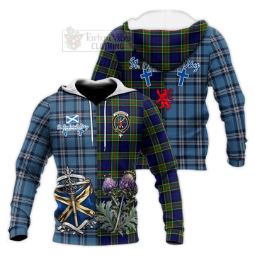 Colquhoun Tartan Knitted Hoodie Happy St. Andrew's Day Half Tartan Style