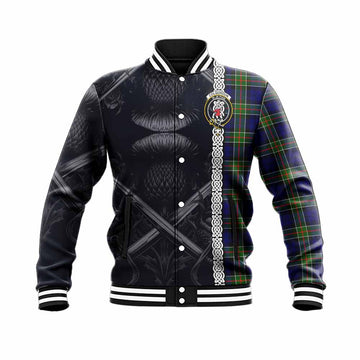 Colquhoun Tartan Baseball Jacket with Family Crest Cross Sword Thistle Celtic Vibes