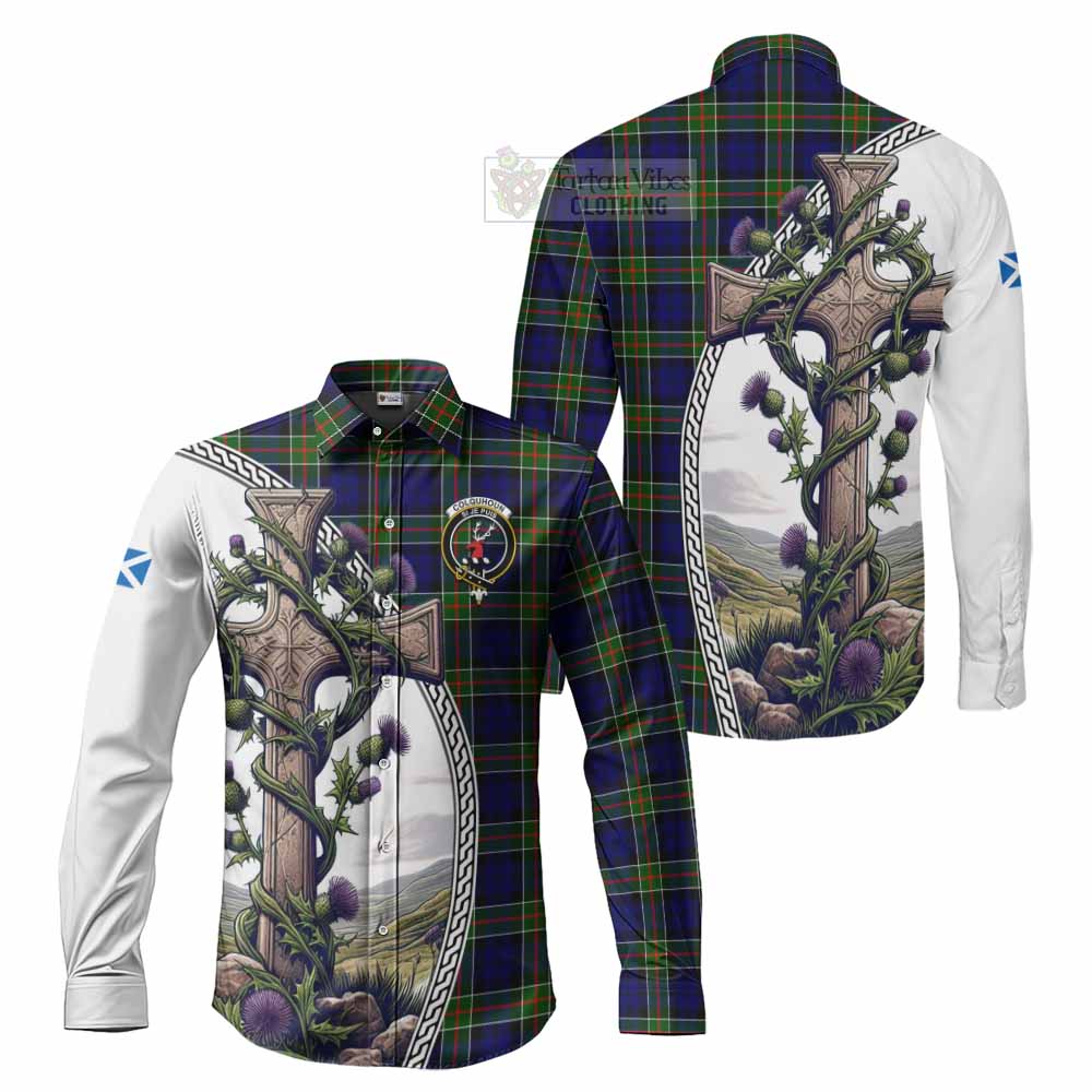 Tartan Vibes Clothing Colquhoun Tartan Long Sleeve Button Shirt with Family Crest and St. Andrew's Cross Accented by Thistle Vines