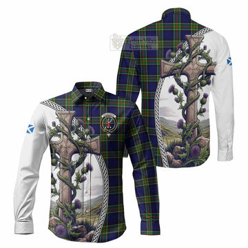 Colquhoun Tartan Long Sleeve Button Shirt with Family Crest and St. Andrew's Cross Accented by Thistle Vines