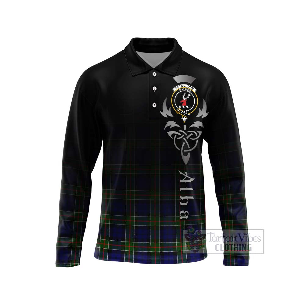 Tartan Vibes Clothing Colquhoun Tartan Long Sleeve Polo Shirt Featuring Alba Gu Brath Family Crest Celtic Inspired