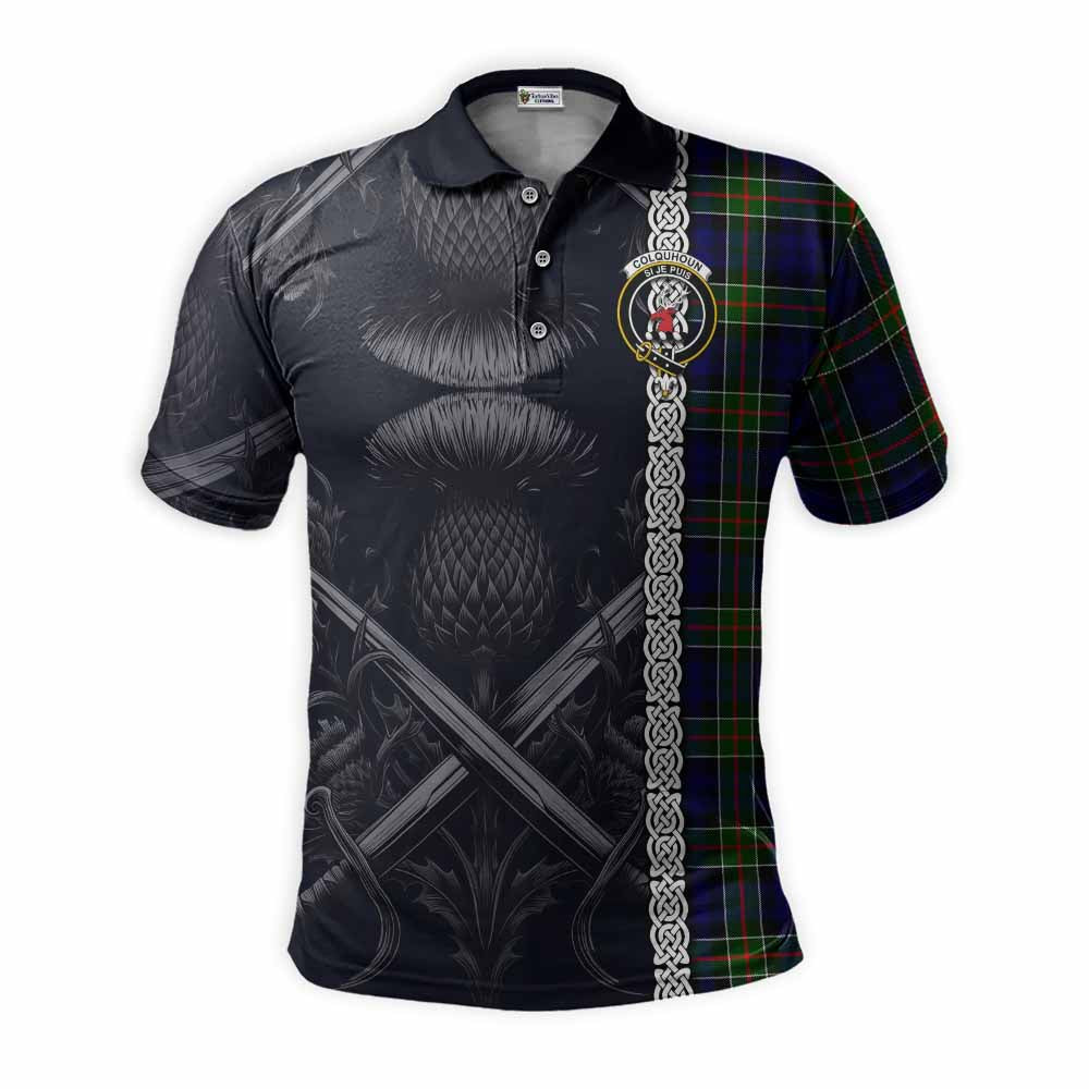 Tartan Vibes Clothing Colquhoun Tartan Polo Shirt with Family Crest Cross Sword Thistle Celtic Vibes