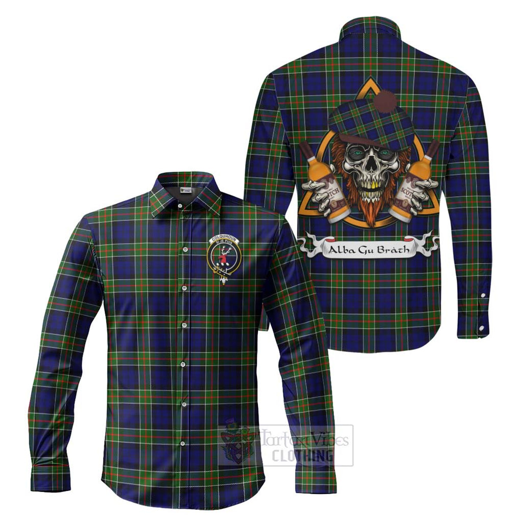 Tartan Vibes Clothing Colquhoun Tartan Long Sleeve Button Shirt with Family Crest and Bearded Skull Holding Bottles of Whiskey