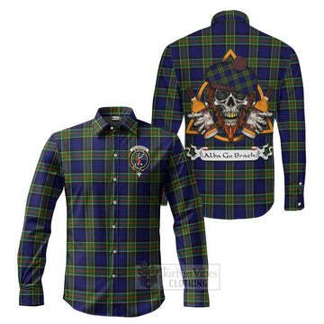 Colquhoun Tartan Long Sleeve Button Shirt with Family Crest and Bearded Skull Holding Bottles of Whiskey