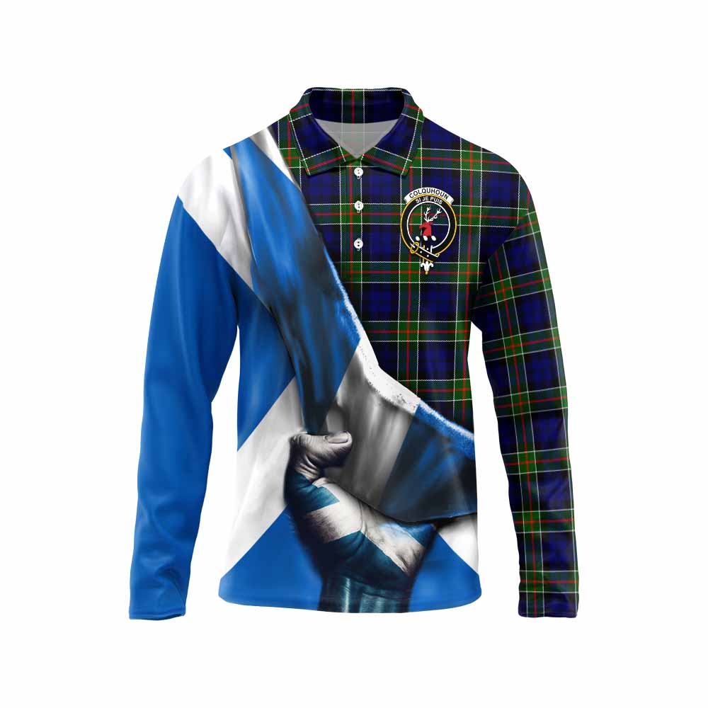 Tartan Vibes Clothing Colquhoun Tartan Long Sleeve Polo Shirt with Family Crest Scotland Patriotic Style