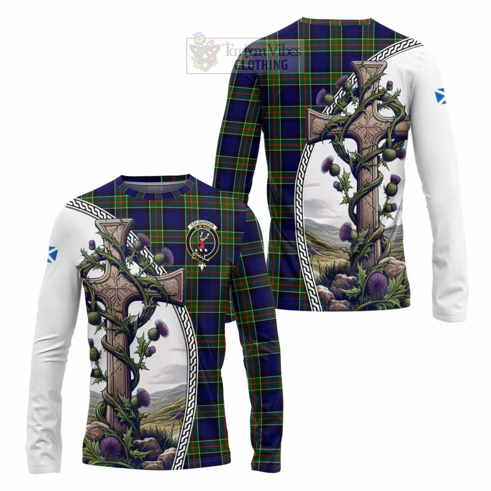 Tartan Vibes Clothing Colquhoun Tartan Long Sleeve T-Shirt with Family Crest and St. Andrew's Cross Accented by Thistle Vines