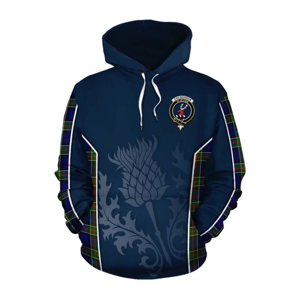 Tartan Vibes Clothing Colquhoun Tartan Cotton Hoodie with Family Crest and Scottish Thistle Vibes Sport Style