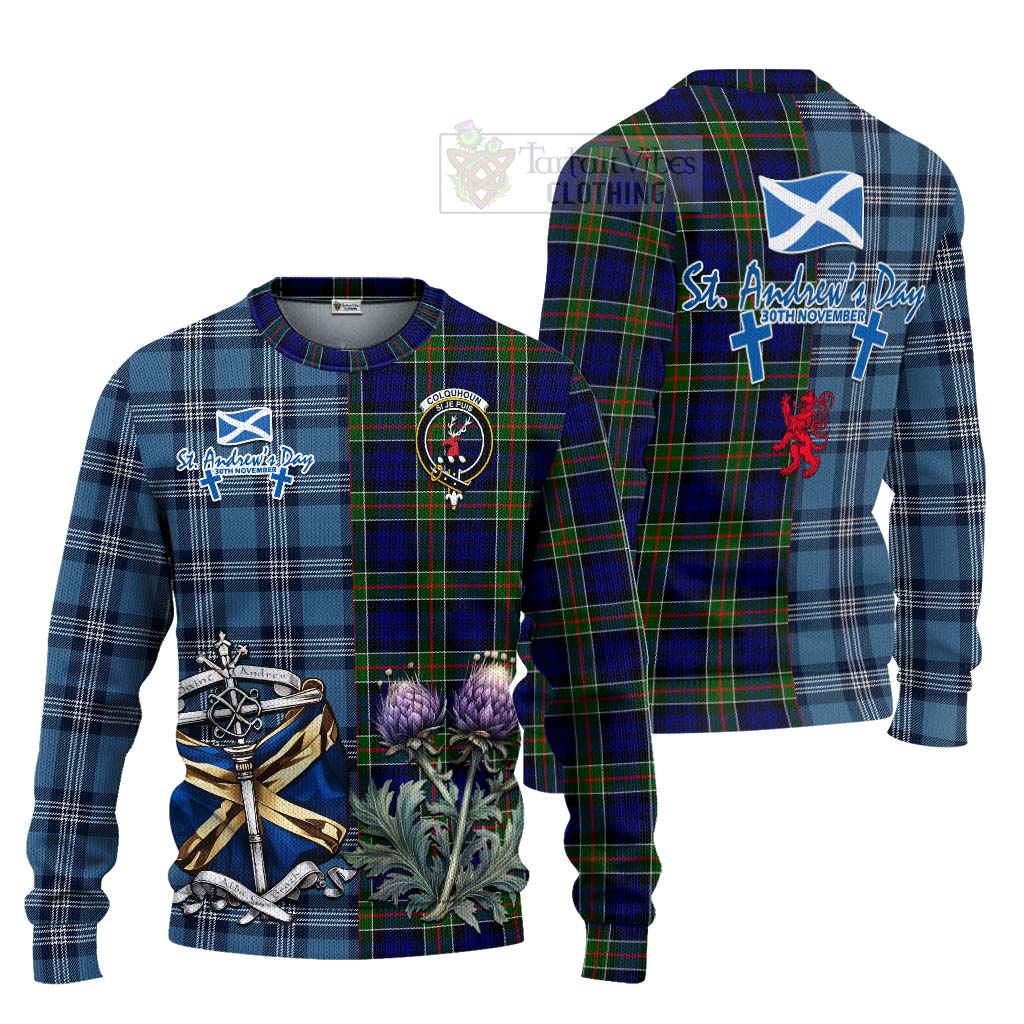 Tartan Vibes Clothing Colquhoun Tartan Knitted Sweater Happy St. Andrew's Day Half Tartan Style