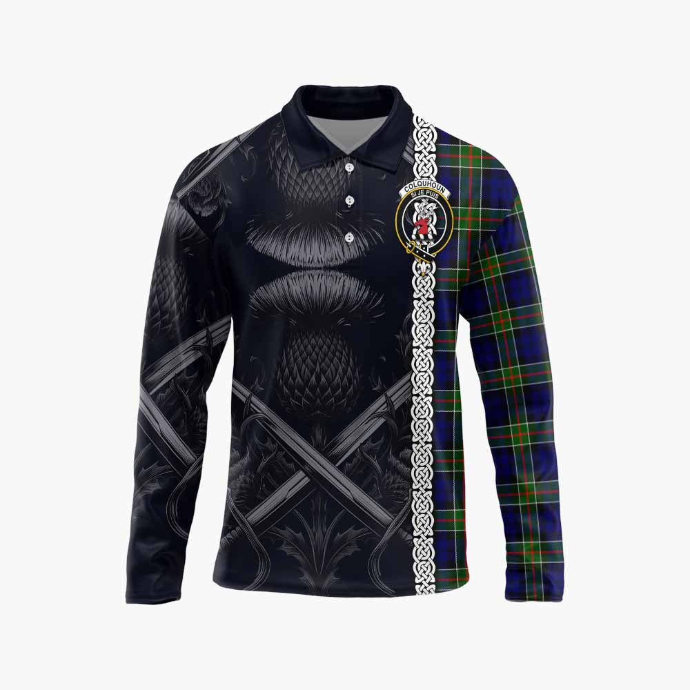 Colquhoun Tartan Long Sleeve Polo Shirt with Family Crest Cross Sword Thistle Celtic Vibes Unisex - Tartan Vibes Clothing