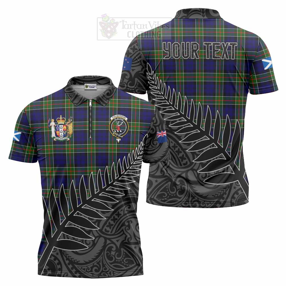 Tartan Vibes Clothing Colquhoun Crest Tartan Zipper Polo Shirt with New Zealand Silver Fern Half Style