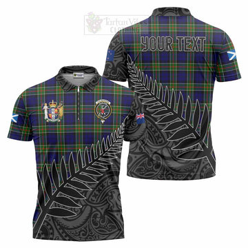 Colquhoun Crest Tartan Zipper Polo Shirt with New Zealand Silver Fern Half Style