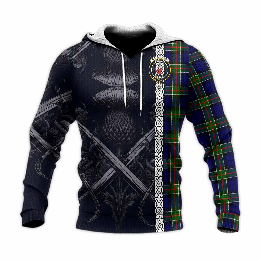 Colquhoun Tartan Knitted Hoodie with Family Crest Cross Sword Thistle Celtic Vibes Unisex Knitted Pullover Hoodie - Tartan Vibes Clothing