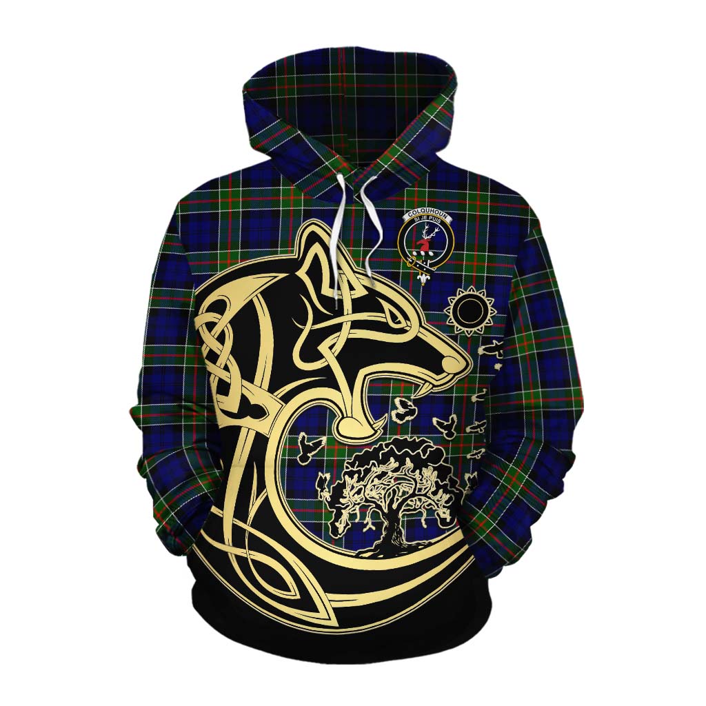 Tartan Vibes Clothing Colquhoun Tartan Cotton Hoodie with Family Crest Celtic Wolf Style