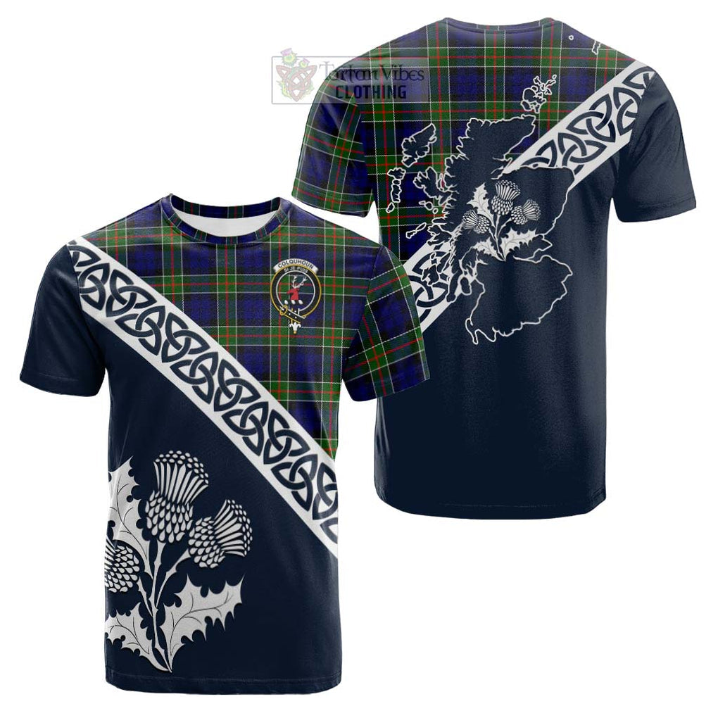 Tartan Vibes Clothing Colquhoun Tartan Cotton T-shirt Featuring Thistle and Scotland Map