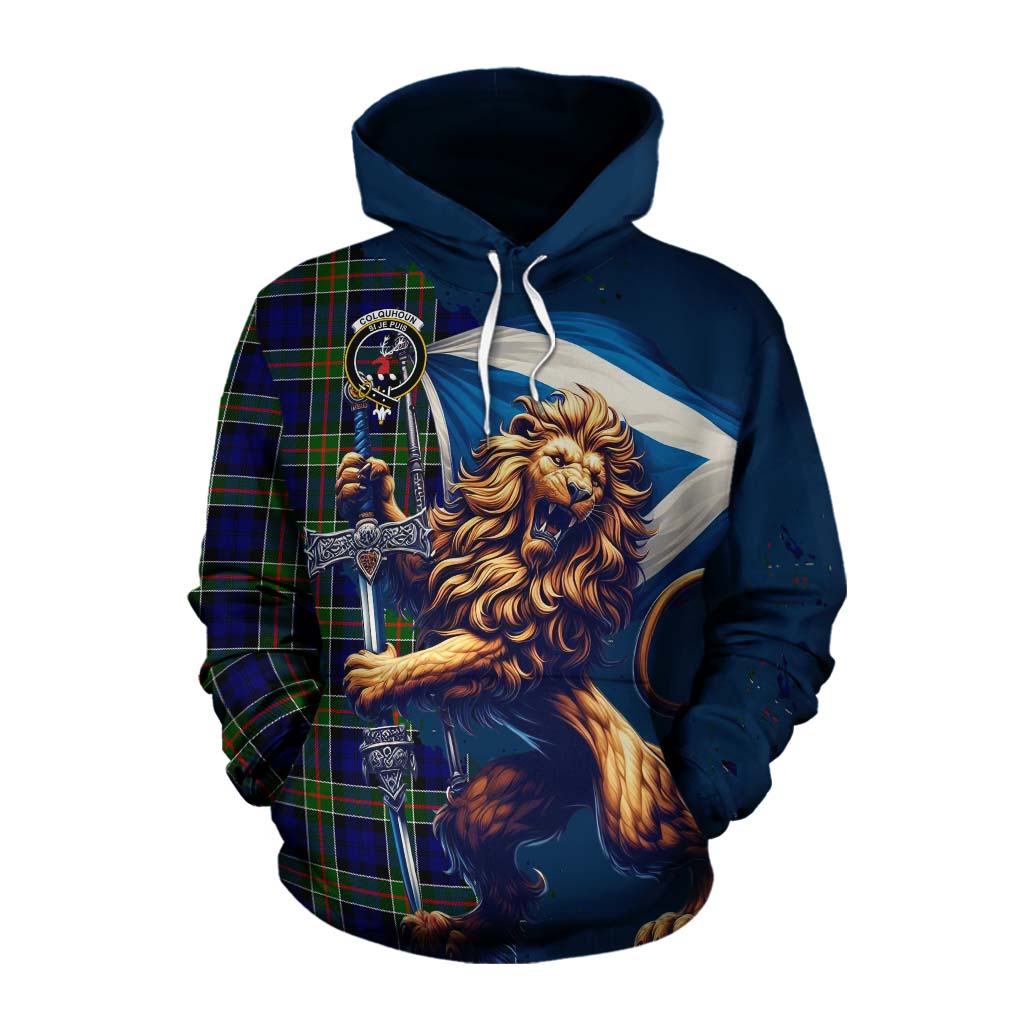 Tartan Vibes Clothing Colquhoun Tartan Family Crest Cotton Hoodie with Scottish Majestic Lion