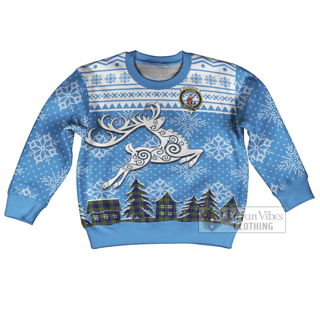 Tartan Vibes Clothing Colquhoun Clan Christmas Kid Ugly Sweater with Tartan and Celtic Raindeer Style