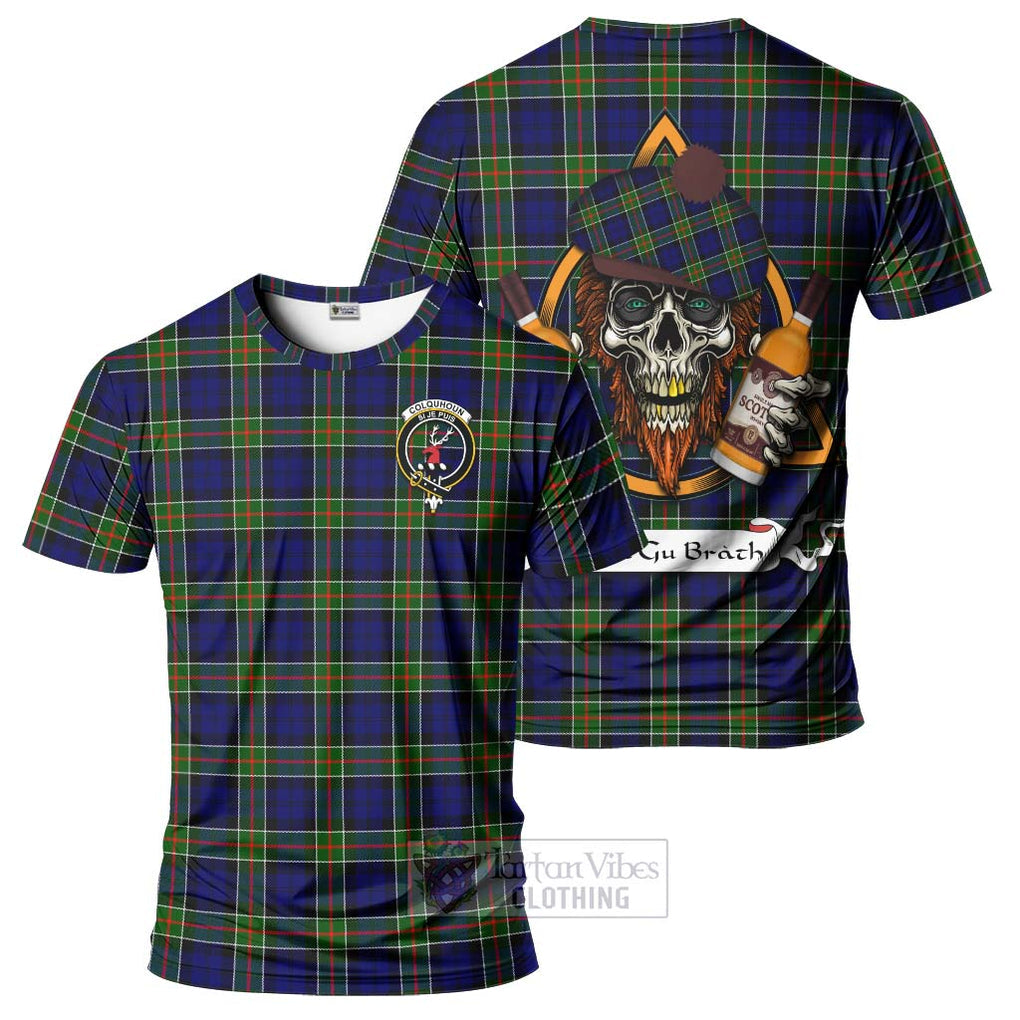 Tartan Vibes Clothing Colquhoun Tartan T-Shirt with Family Crest and Bearded Skull Holding Bottles of Whiskey