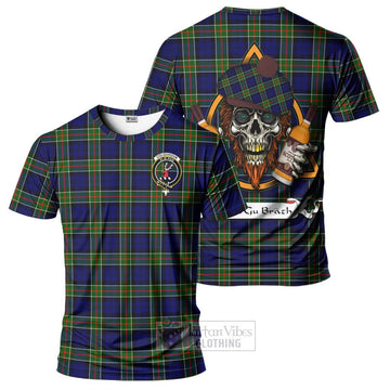 Colquhoun Tartan T-Shirt with Family Crest and Bearded Skull Holding Bottles of Whiskey