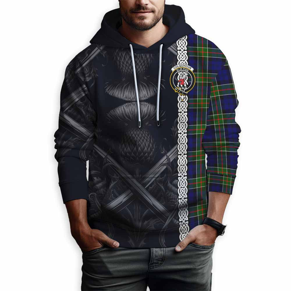 Tartan Vibes Clothing Colquhoun Tartan Hoodie with Family Crest Cross Sword Thistle Celtic Vibes