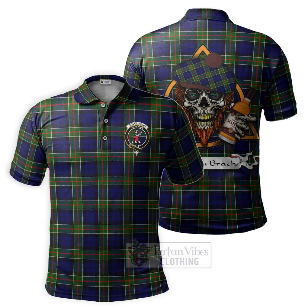 Tartan Vibes Clothing Colquhoun Tartan Polo Shirt with Family Crest and Bearded Skull Holding Bottles of Whiskey