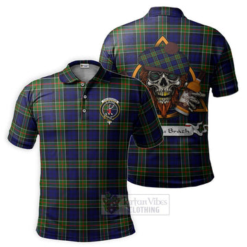 Colquhoun Tartan Polo Shirt with Family Crest and Bearded Skull Holding Bottles of Whiskey