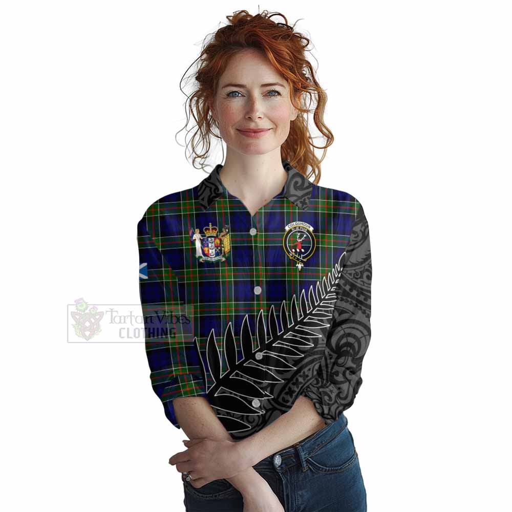 Tartan Vibes Clothing Colquhoun Crest Tartan Women's Casual Shirt with New Zealand Silver Fern Half Style