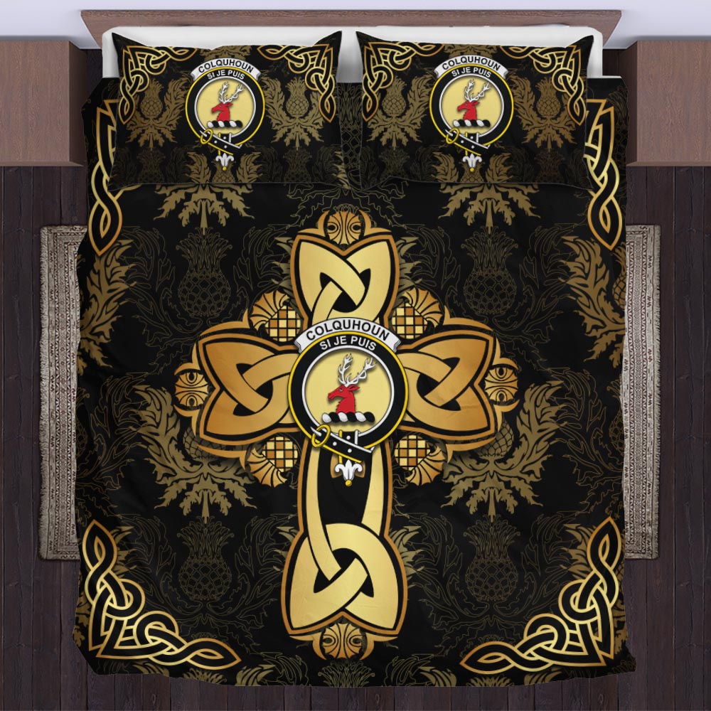 Colquhoun Clan Bedding Sets Gold Thistle Celtic Style US Bedding Set - Tartanvibesclothing