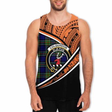 Colquhoun Crest Tartan Men's Tank Top with Polynesian Vibes Style - Orange Version