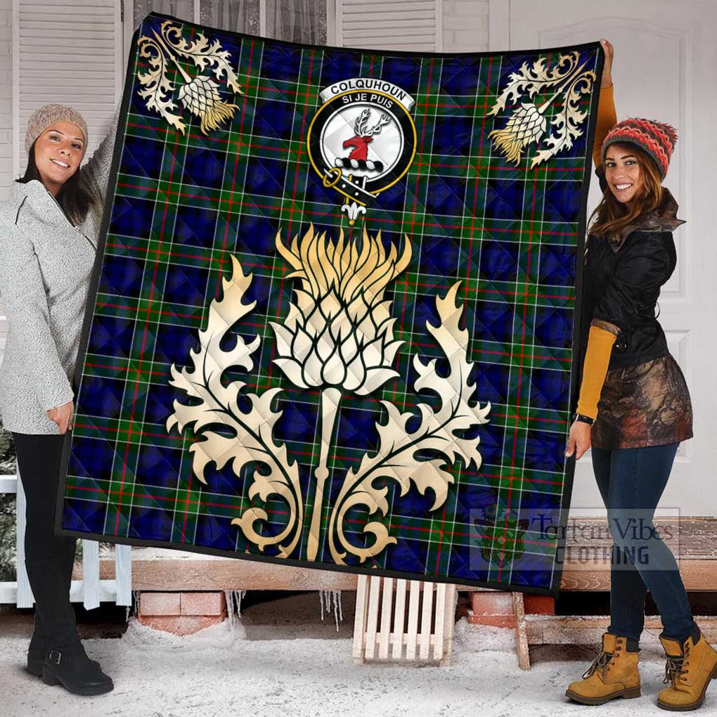 Tartan Vibes Clothing Colquhoun Tartan Quilt with Family Crest and Golden Thistle Style