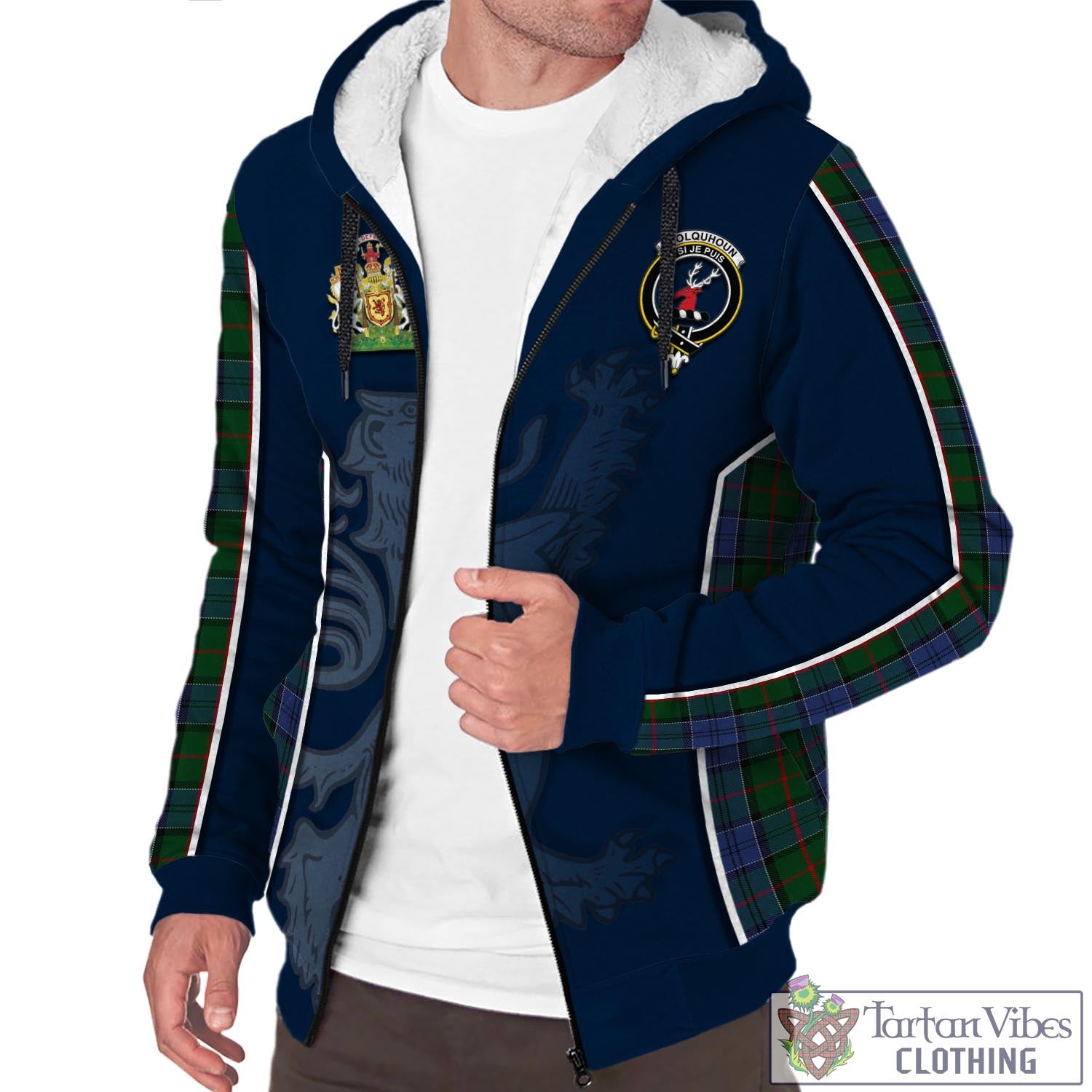 Tartan Vibes Clothing Colquhoun Tartan Sherpa Hoodie with Family Crest and Lion Rampant Vibes Sport Style