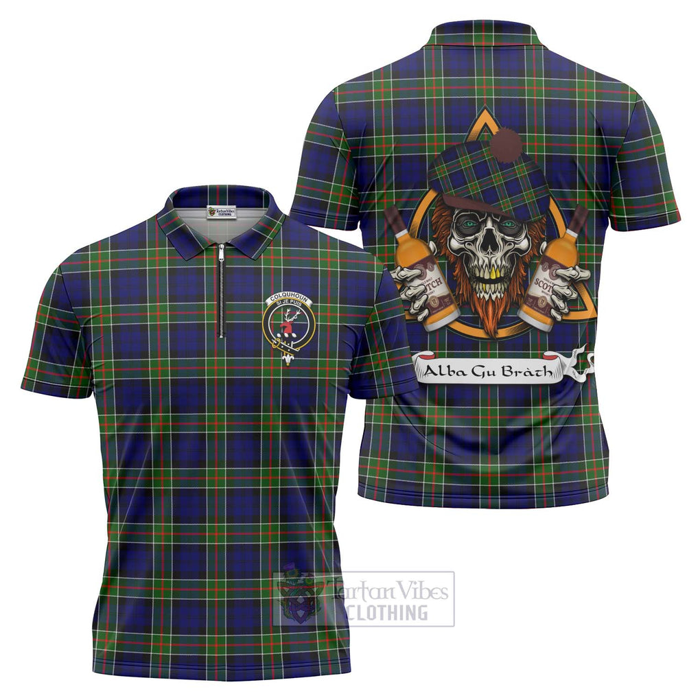 Tartan Vibes Clothing Colquhoun Tartan Zipper Polo Shirt with Family Crest and Bearded Skull Holding Bottles of Whiskey