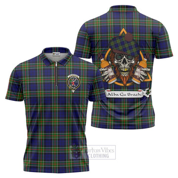 Colquhoun Tartan Zipper Polo Shirt with Family Crest and Bearded Skull Holding Bottles of Whiskey